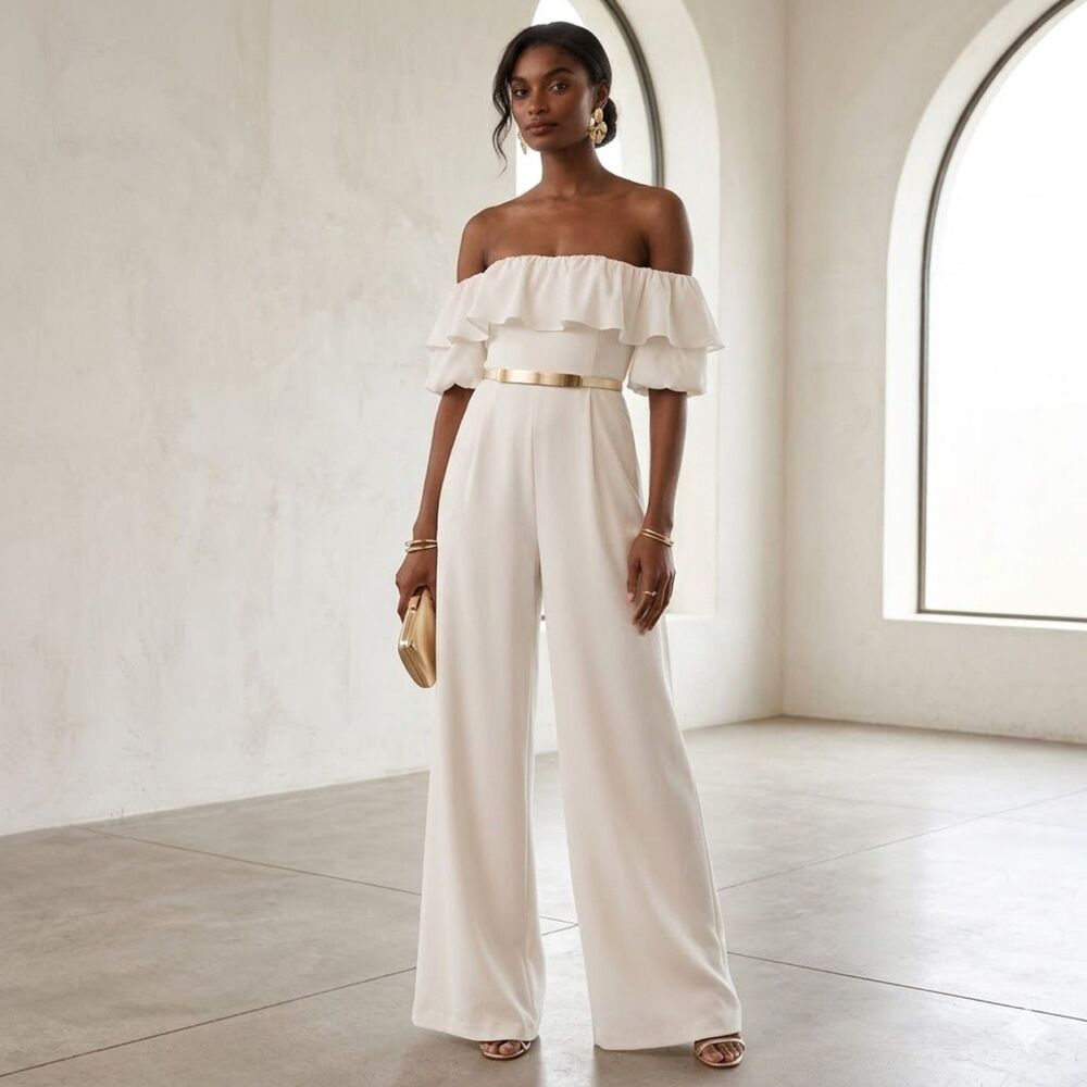 Fame & Partners Jumpsuit 14 Off Shoulder Ruffle Bridal Wedding White Tassiah